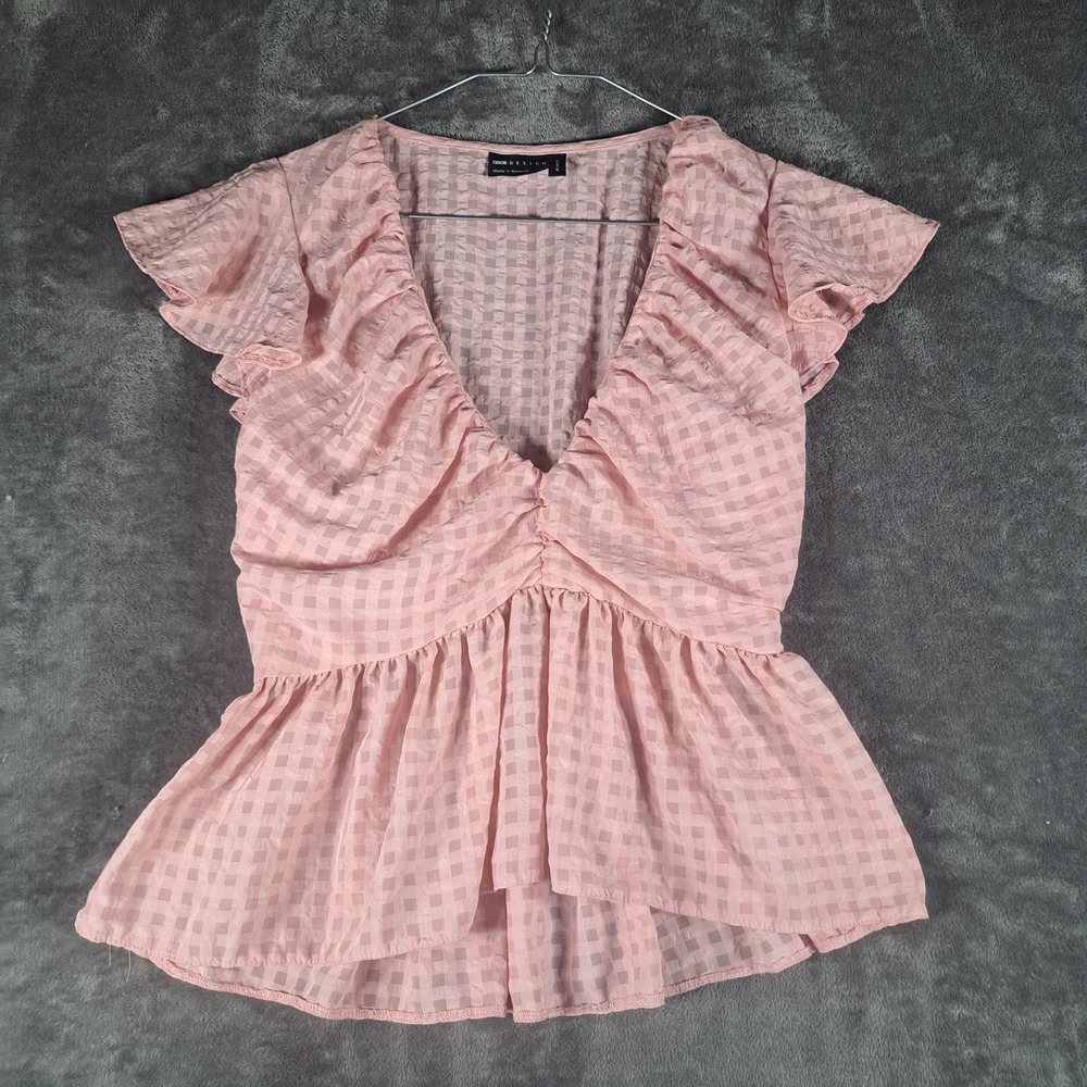 ASOS DESIGN Pink Checkered Peplum Top V-Neck Ruffle Flutter Sleeve Coquette Boho